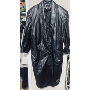 Vtg 90s Global Identity leather Coat womens L black Long 90s Trench Matrix Y2K